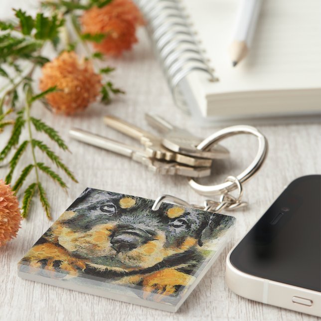 Artistic Rottweiler Puppy Portrait Key Ring (Front Right)