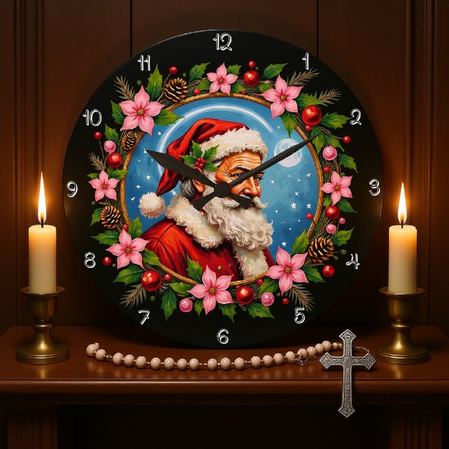 Artistic Santa Claus Christmas Wreath Large Clock (Creator Uploaded)