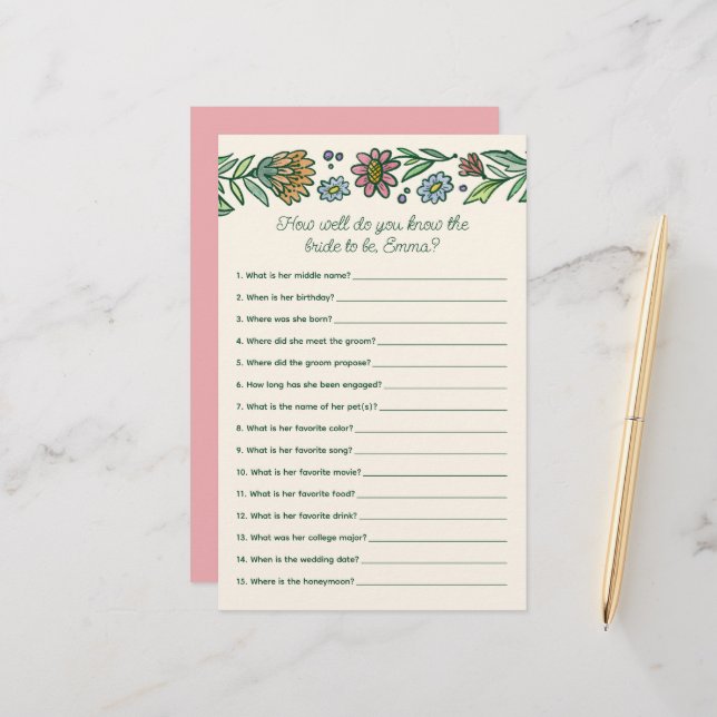 Artistic Scandinavian Floral Bridal Shower Game Stationery (Front/Back In Situ)