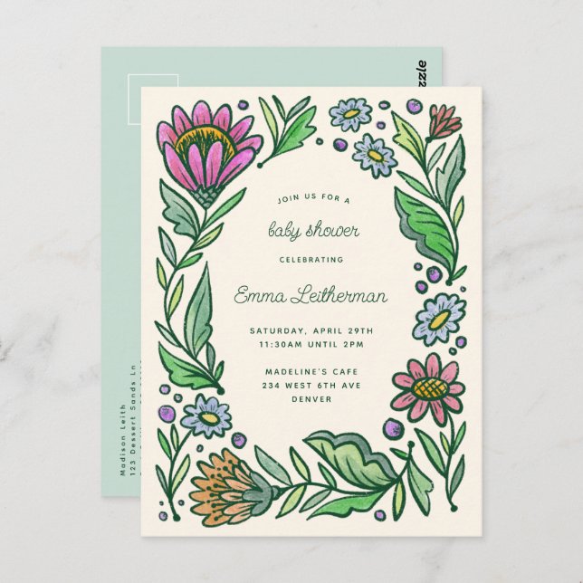 Artistic Scandinavian Folk Floral Baby Shower Postcard (Front/Back)