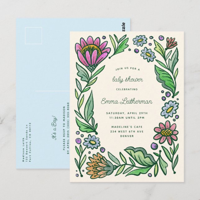 Artistic Scandinavian Folk Floral Boy Baby Shower Postcard (Front/Back)