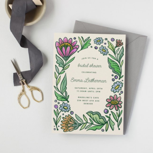 Artistic Scandinavian Folk Floral Bridal Shower Invitation (Creator Uploaded)