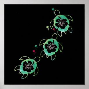 Artistic Sea Turtle Hibiscus Flower Stylish Cute Poster
