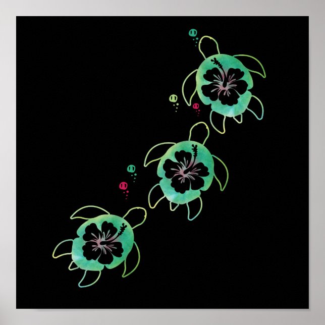 Artistic Sea Turtle Hibiscus Flower Wall Art Cute (Front)