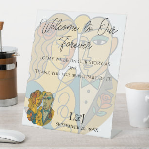 Artistic Silhouette Destination Wedding Reception Pedestal Sign