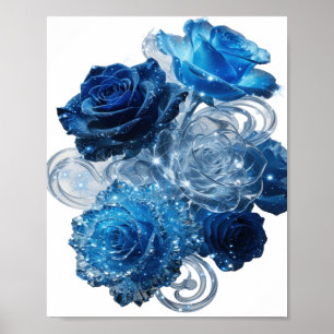 Artistic Silver BLUE ROSES Artistic Motif Poster