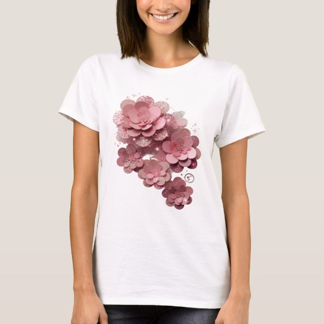 Artistic Silver PINK GLITTER FLOWERS T-Shirt (Front)