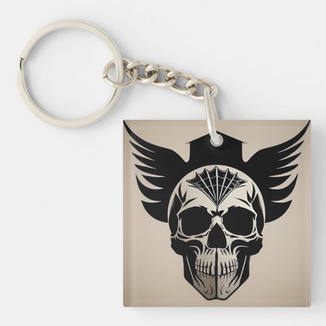 Artistic Skull With Wings and Abstract Geometric Key Ring (Front)