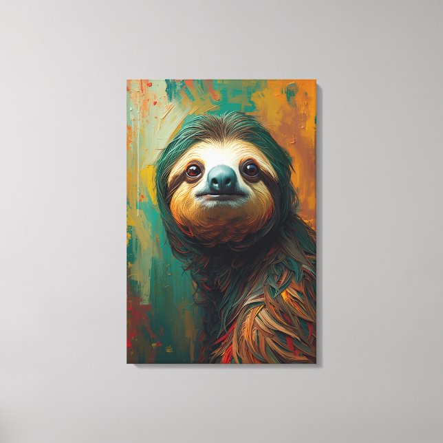 Artistic Sloth Portrait Vibrant Oil Painting Canvas Print (Front)