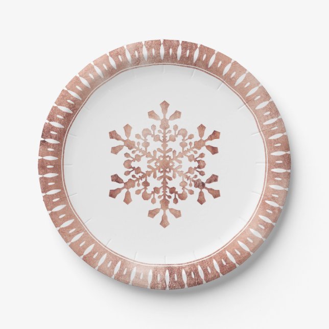 Artistic snowflake faux rose gold Christmas Paper Plate (Front)
