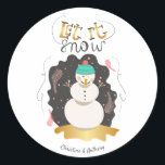 Artistic Snowman Let it Snow Christmas Classic Round Sticker<br><div class="desc">Retro Snowman with gold Let it Snow and pink feathers making for an eclectic holiday sticker.</div>