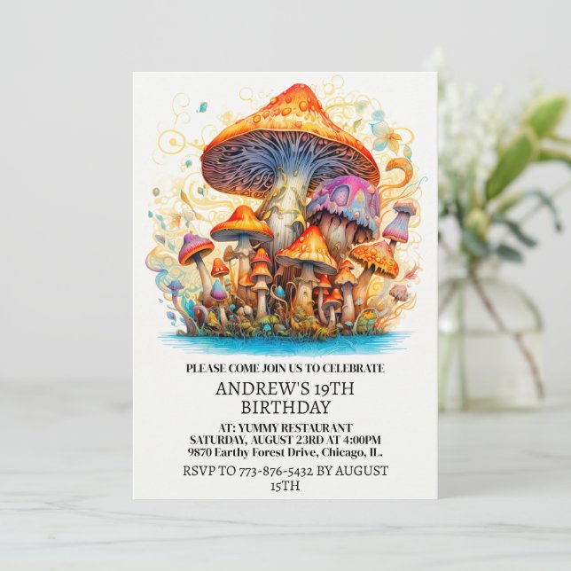 Artistic Sprouting Mushrooms Art Birthday Party Invitation (Standing Front)