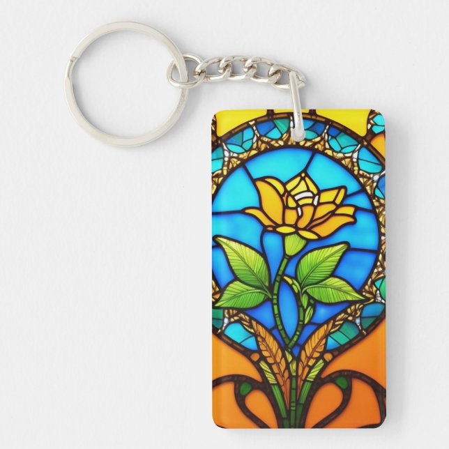 Artistic Stained Glass with Vibrant Flower Key Ring (Front)