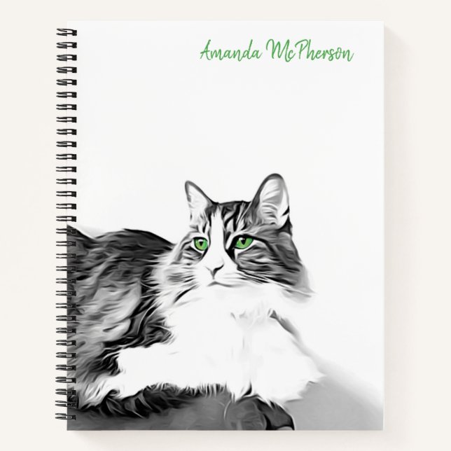 Artistic stylised cat portrait with green eyes notebook (Front)