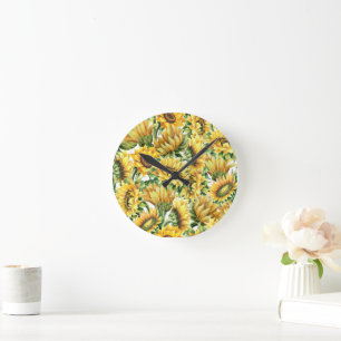 Artistic Sunflower Garden - Vintage Floral Round Clock