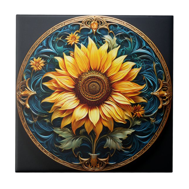 Artistic Sunflower on Black Tile (Front)