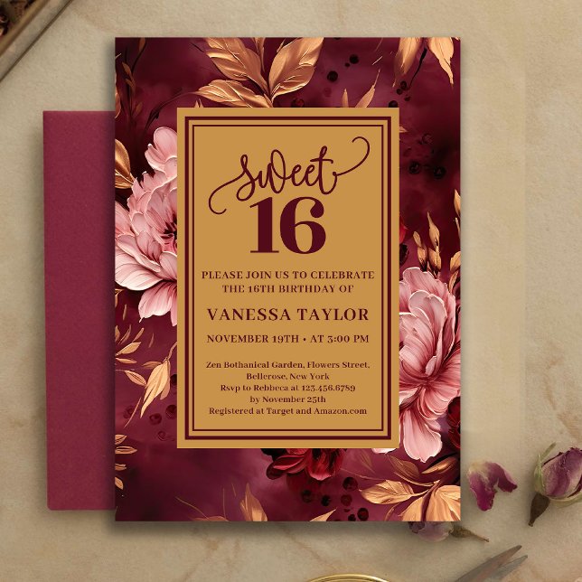 Artistic Sweet Sixteen Burgundy Blush Watercolor Invitation (Artistic Sweet Sixteen Burgundy Blush Watercolor)