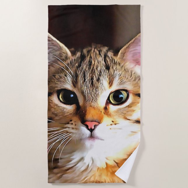 Artistic Tabby Cat Kitten Portrait Beach Towel (Front)