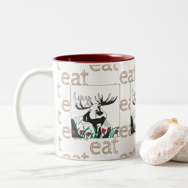 Artistic Tea Flowers Moose Two-Tone Coffee Mug (With Donut)
