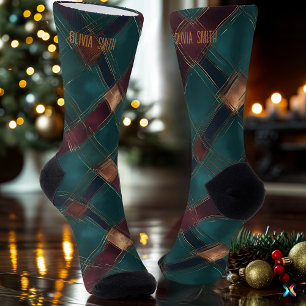 Artistic Teal and Burgundy Christmas Plaid Custom Socks
