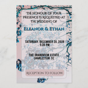 Artistic Teal Blue Branches Pink Sky Modern Invitation