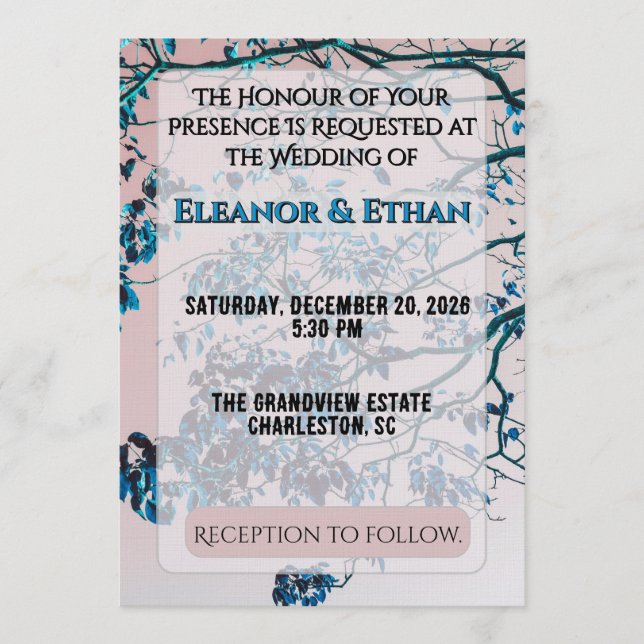 Artistic Teal Blue Branches Pink Sky Modern  Invitation (Front)