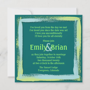 Artistic teal blue green paint wedding invitations
