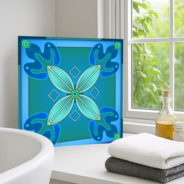 Artistic Teal Floral Design Bathroom Tile (Modern geometric floral design tile for bathroom or kitchen in teal and blue green)