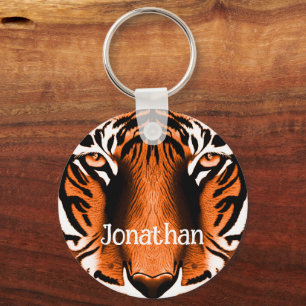Artistic Tiger Cat Face Head Personalised Orange Key Ring