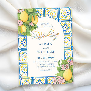 Artistic tile Mediterranean lemon floral wedding Invitation