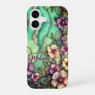 Artistic Turquoise Mosaic Stained Glass Floral iPhone 16 Case