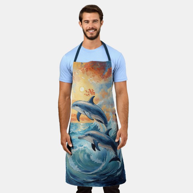 Artistic Two Jumping Dolphins Sunset Ocean  Apron (Worn)