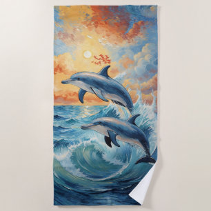 Artistic Two Jumping Dolphins Sunset Ocean Beach Towel