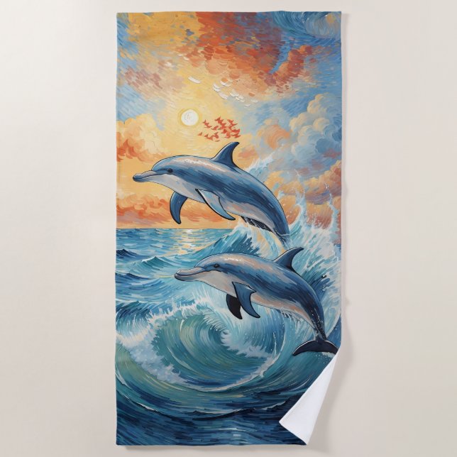 Artistic Two Jumping Dolphins Sunset Ocean  Beach Towel (Front)