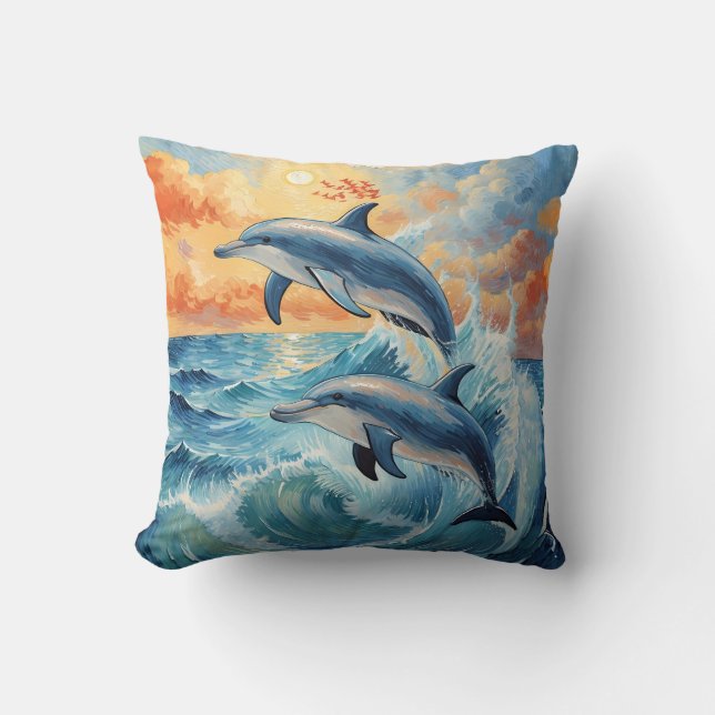 Artistic Two Jumping Dolphins Sunset Ocean  Cushion (Front)