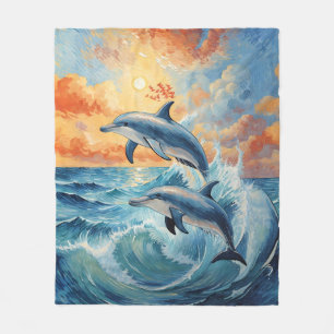 Artistic Two Jumping Dolphins Sunset Ocean  Fleece Blanket
