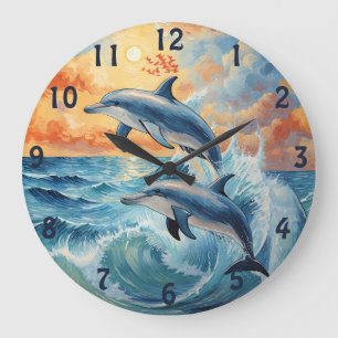 Artistic Two Jumping Dolphins Sunset Ocean  Large Clock