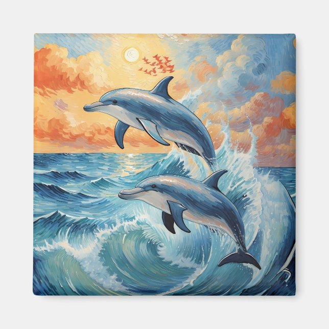 Artistic Two Jumping Dolphins Sunset Ocean  Magnet (Front)