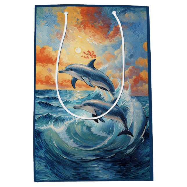 Artistic Two Jumping Dolphins Sunset Ocean  Medium Gift Bag (Front)