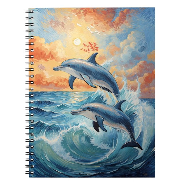 Artistic Two Jumping Dolphins Sunset Ocean  Notebook (Front)
