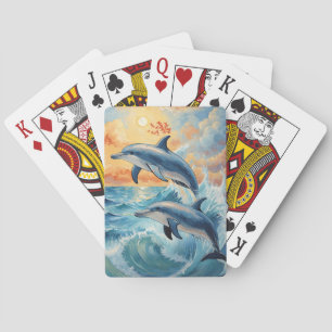 Artistic Two Jumping Dolphins Sunset Ocean  Playing Cards