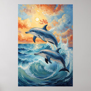 Artistic Two Jumping Dolphins Sunset Ocean Poster