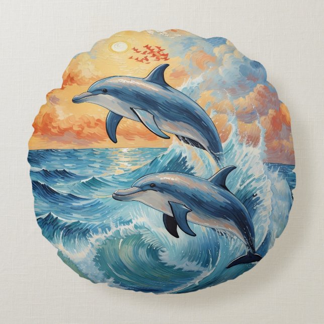 Artistic Two Jumping Dolphins Sunset Ocean  Round Cushion (Front)