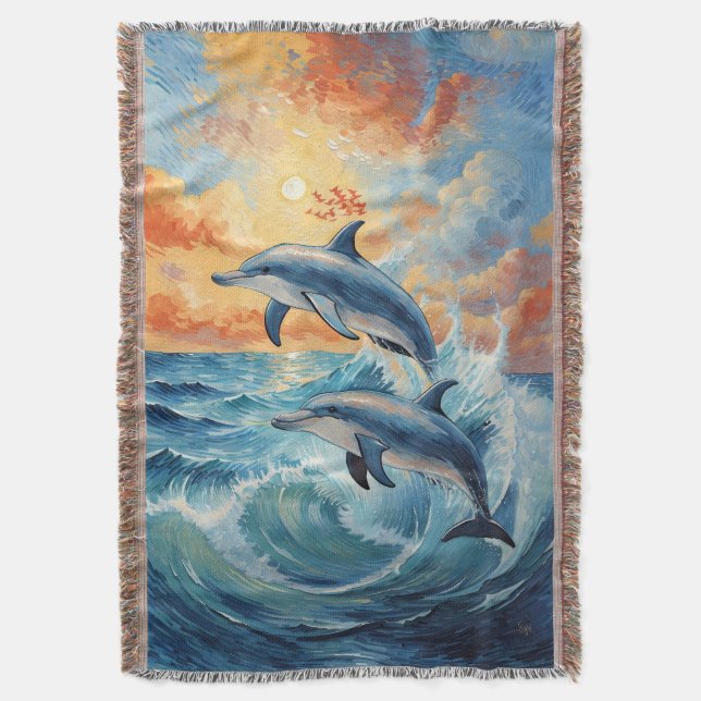 Artistic Two Jumping Dolphins Sunset Ocean  Throw Blanket (Front Vertical)