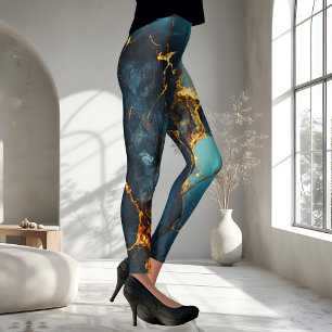 Artistic Veined Abstract Blue Ochre Leggings