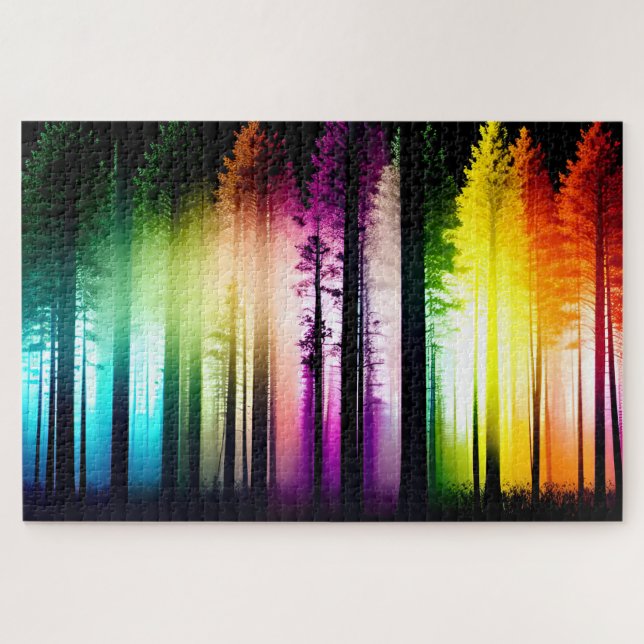 Artistic Vibrant Rainbow Forest Silhouette Trees Jigsaw Puzzle (Horizontal)