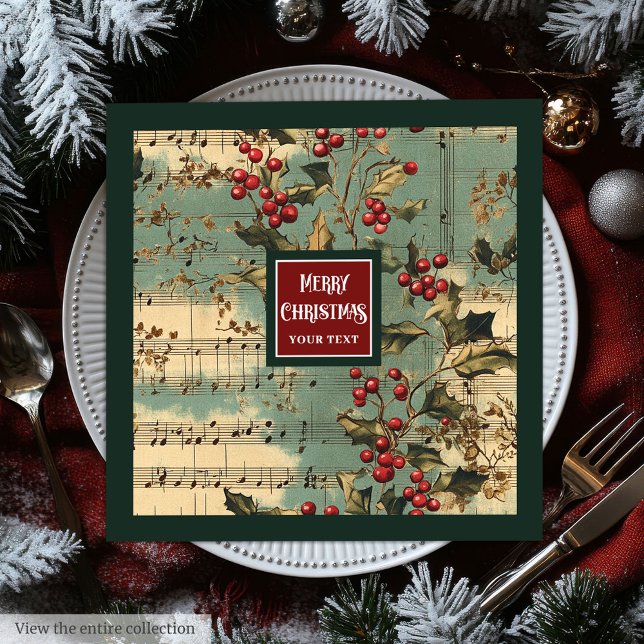Artistic vintage Christmas music carols berries Napkin (Artistic vintage Christmas music carols berries Paper Dinner Napkins )