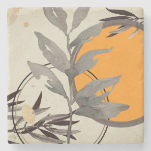 Artistic Watercolor Botanical   Orange & Grey Stone Coaster