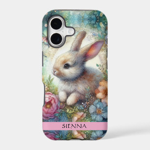 Artistic Watercolor Bunny and Flowers Fantasy