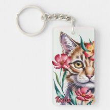 Artistic Watercolor Cat Portrait with Pink Floral
